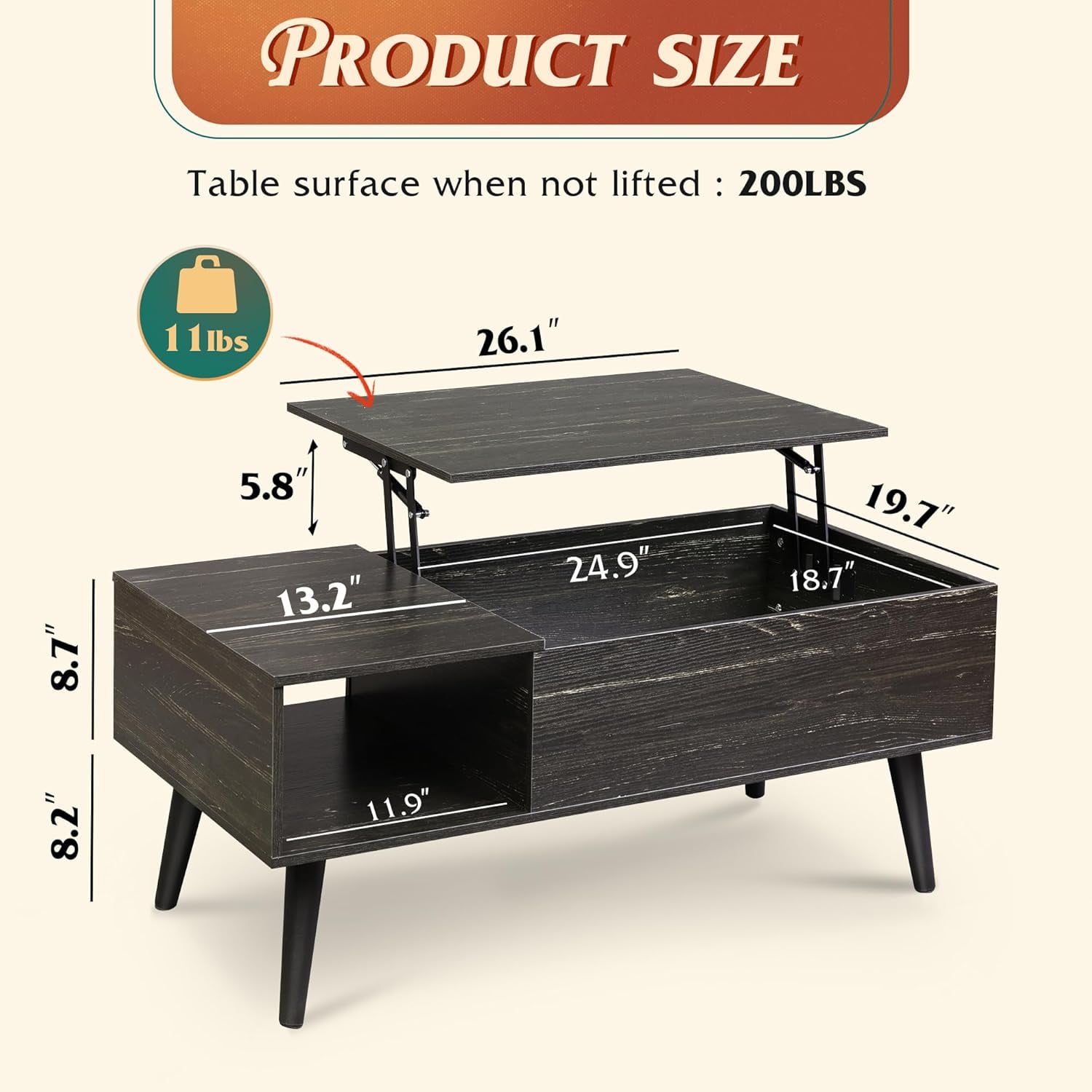 GALAXHERO Lift Top Coffee Table with Storage Small Living Room Table with Storage Shelf & Hidden Compartment Black Oak