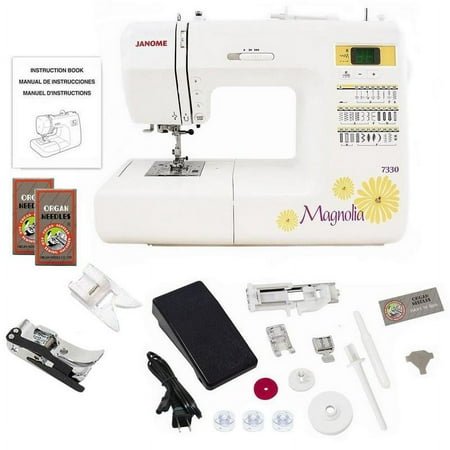 Janome 7330 Magnolia Computerized Sewing Machine with 30 Built-In Stitches plus Ultra Glide Foot, Set of Assorted Size Universal Needles, and 1/4" Seam Foot.