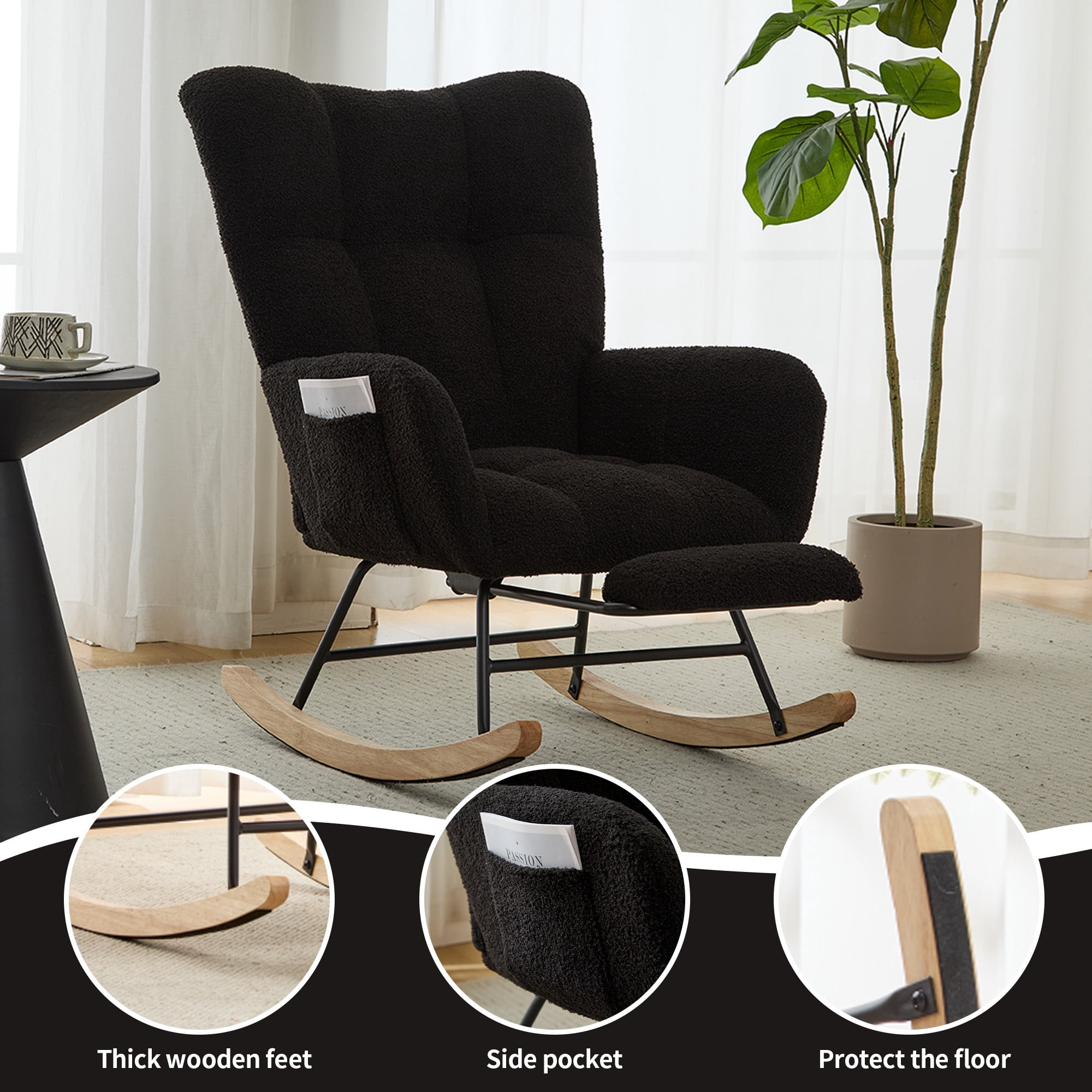 Leumius Nursery Rocking Chair with Footrest,Teddy Fabric Upholstered Glider Rocker Chair with High Backrest,Side Storage Pocket & Solid Wood Legs,Comfy Accent Chair for Living Room Bedroom,Black