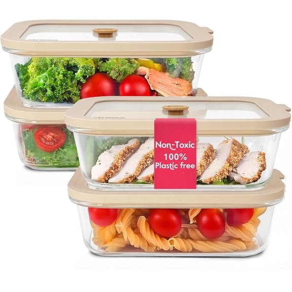 Glass Food Storage Containers with Platinum Silicone Lids 35-OZ Size – 4-Pack – Plastic-Free, Borosilicate, Oven & Freezer Safe, Non-Toxic