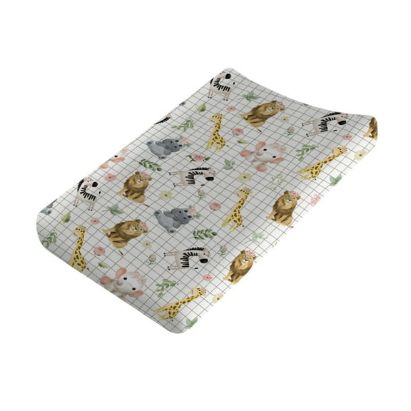African Jungle Safari Animals Changing Pad Cover for Baby Girl Boy Zebra Lion Hippo Giraffe Elephant Floral Leaves Checkered Diaper Change Table Sheets Floral Leaves Plaid Fitted Changing Pad Mat Sheets 32"x16"