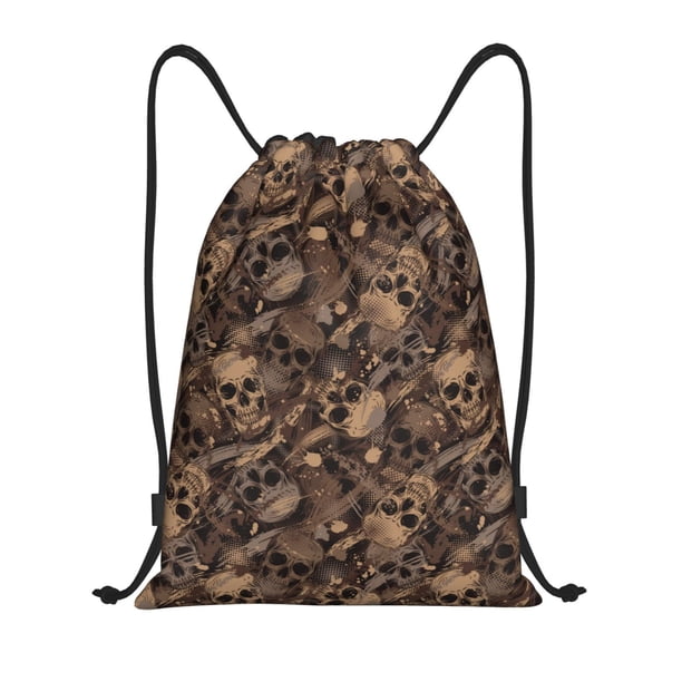 Fotbe Brown Camouflage Skull Bolsa Mochila con Cordón Estampada, Bolsa de Gimnasio Deportiva, Bolsa Cinch, Bolsa con Cordón para Hombres y Mujeres-Medium