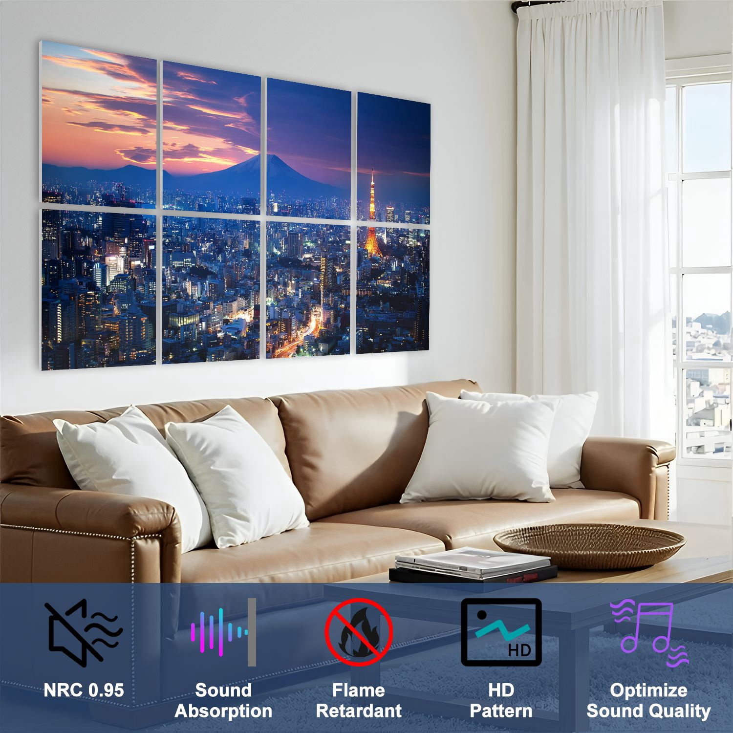 8 Pack Art Acoustic Panels Sound Absorbing Mt Tokyo skyline Decorative Soundproof Wall Panels Self Adhesive for Nursery Game Room Bedroom 48"x32"