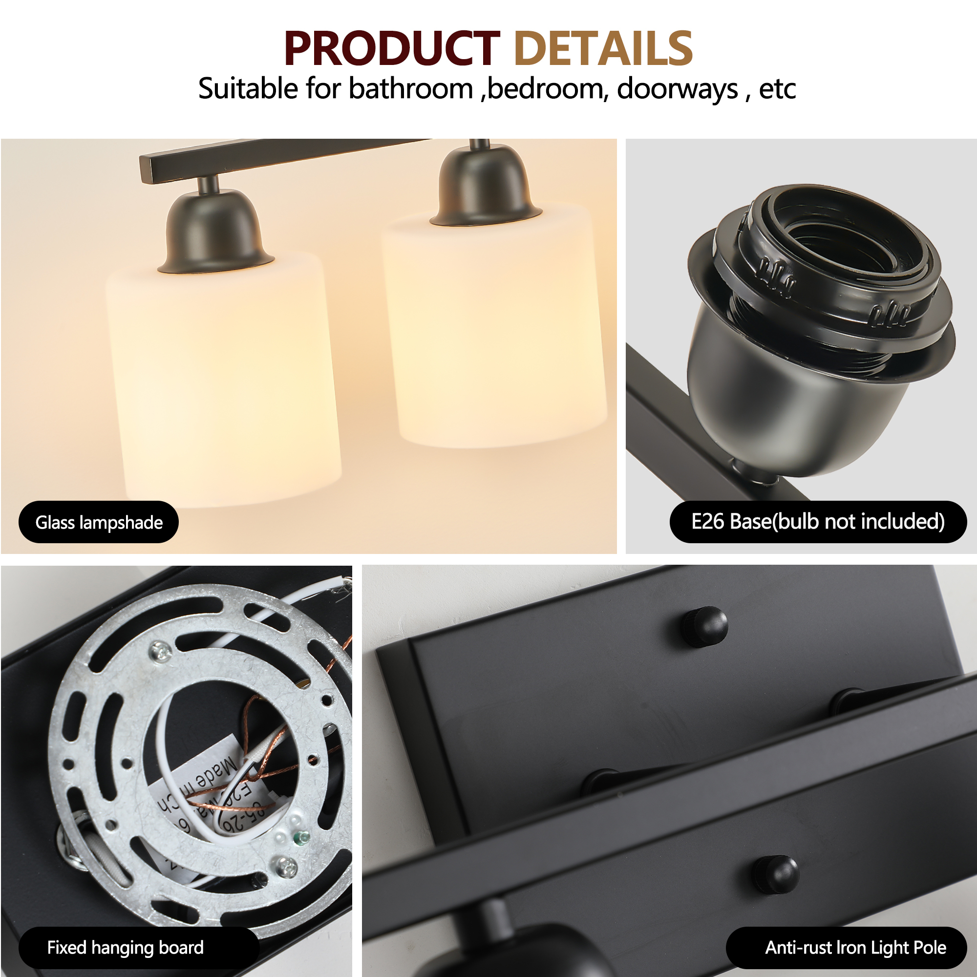 Leumius 6-Light Bathroom Vanity Light Fixture, Modern Vanity Light Over Mirror, Wall Sconces with Milky White Frosted Glass Shades for Mirror, Bathroom, Bedroom and Hallway Black (No Bulbs)