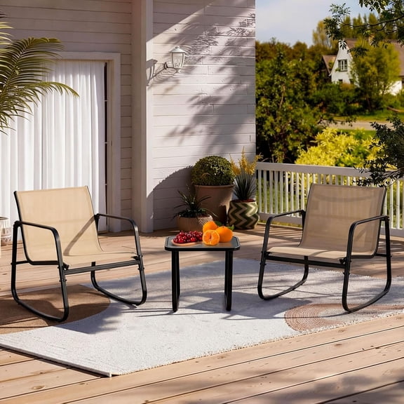 3-Piece Outdoor Rocking Bistro Set, Modern Patio Conversation Set with 2 Textilene Rocking Chairs and Glass Top Side Table, Anti-Rust Steel Frame Furniture for Porch, Backyard, Poolside (Brown)