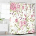 thumbnail image 3 of Pink Purple Flower Shower Curtain for Bathroom Decor 72Wx72H Rustic Floral Blooming Watercolor Peony Rose Plant Green Leaves Art Printed Fabric Polyester Waterproof 12 Pack Plastic Hooks, 3 of 6