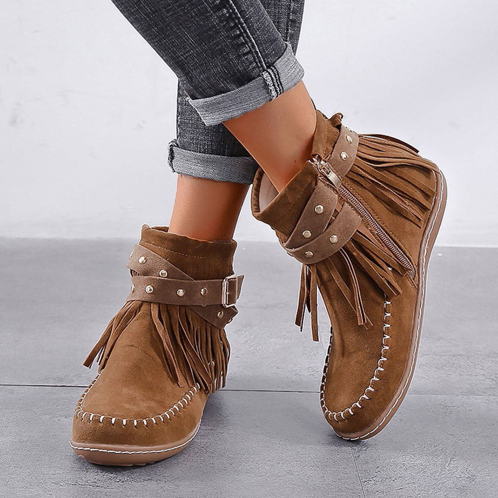nsendm Female Shoes Adult Tan Boots for Women Flat Short Shoes Tassel Zipper Flat Color Booties Women's Boots Women Rain Boot Brown 8