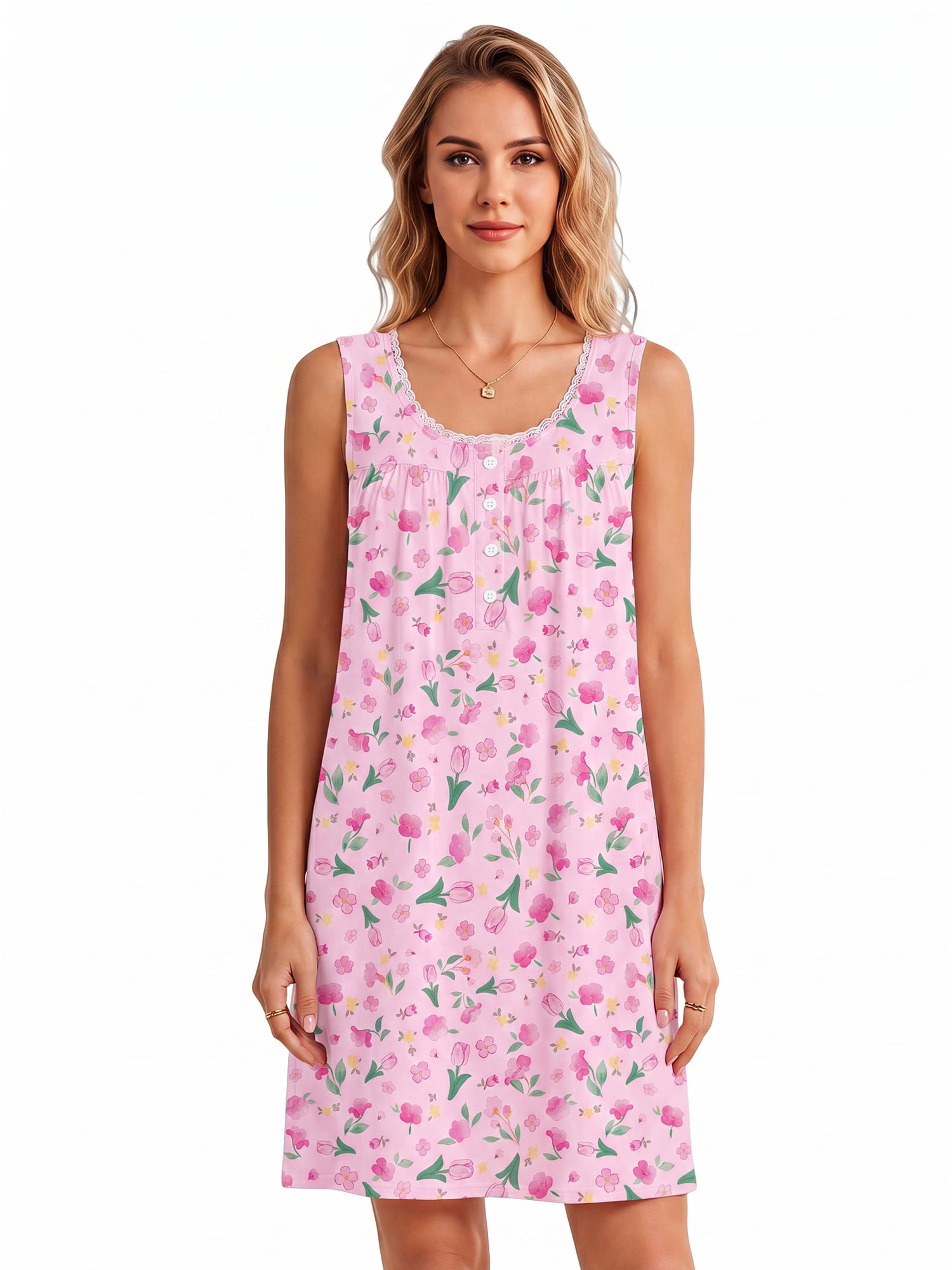 DAKIMOE Cotton Nightgowns for Women Seeveless Tank Night Gowns Lace Button Soft Print Sleep ShirtsSleep Dress House Dress with Pockets S-3XL, Floral Pink