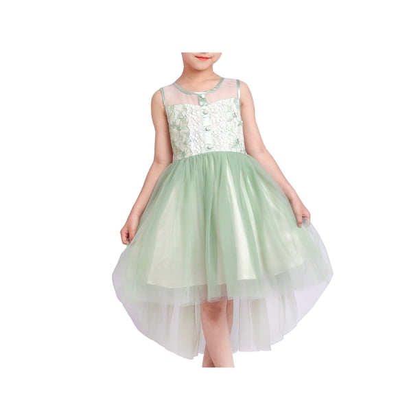 Vestido de Niña Top de Encaje Floral Falda de Tul con Botones Hi-lo Verde sin Mangas 8 Años