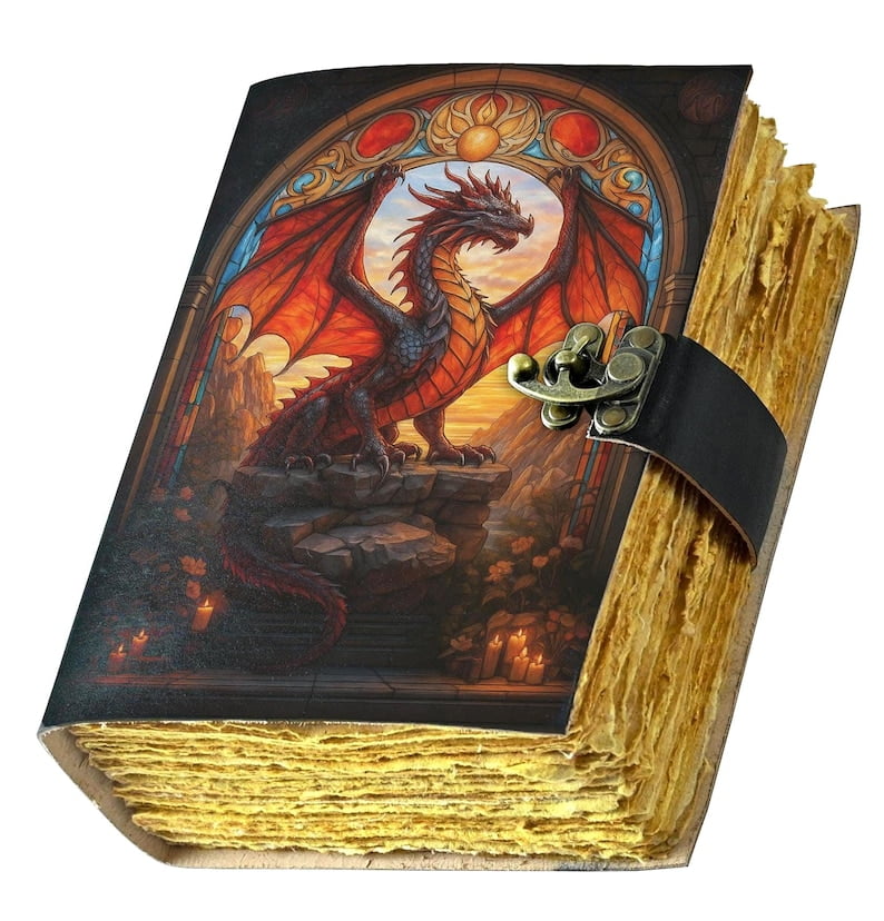 Handmade Leather Journal with Dragon Artwork – 5x7 Inch Notebook with 200 Deckle Pages – Vintage Leather Sketchbook for Writing, Drawing & Gifting