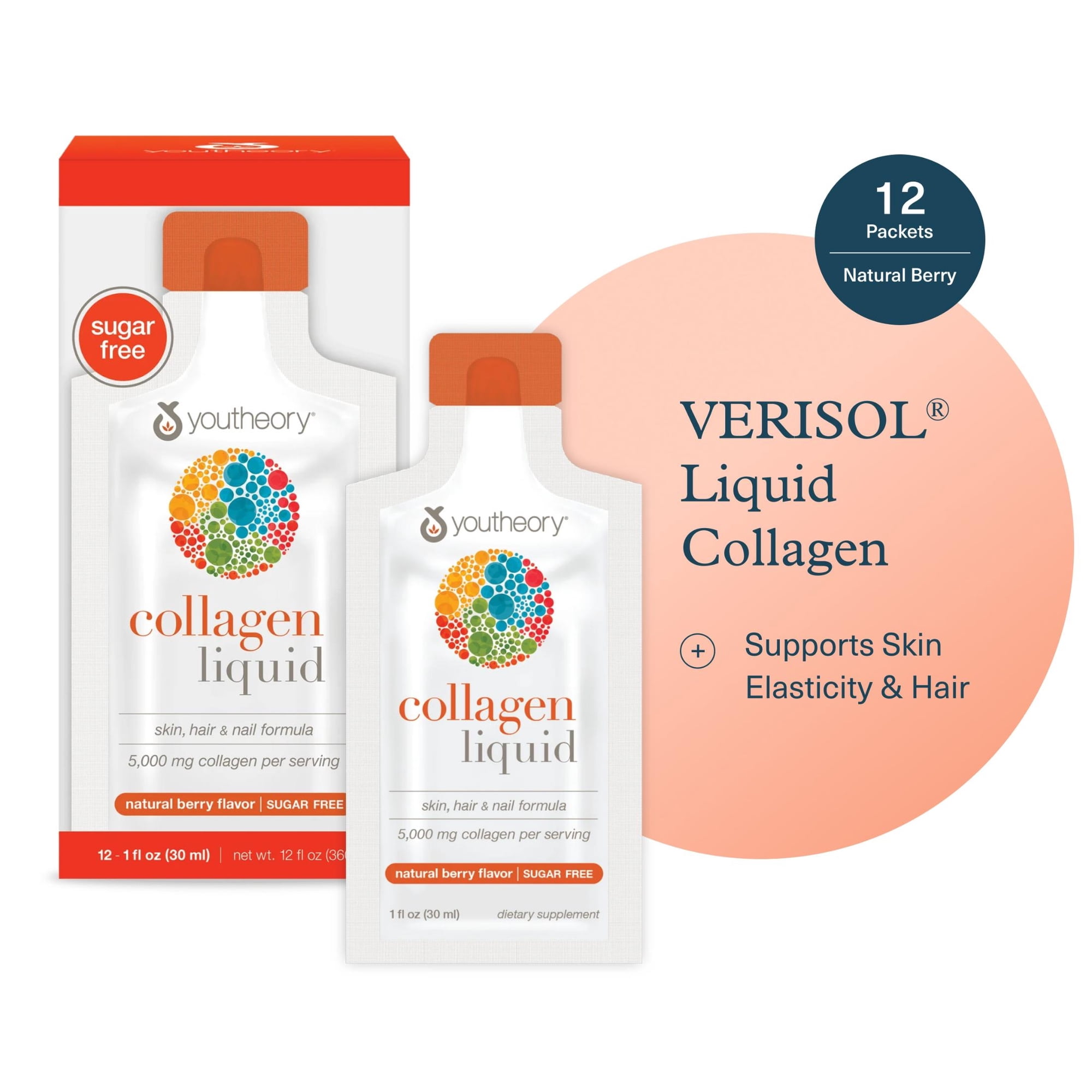 Youtheory Collagen Liquid - 5,000 mg Hydrolyzed Collagen Peptides - Supports Hair, Nail, Joint & Bone Health* - Berry Flavor - 1 oz Single Serve Packet, Pack of 12