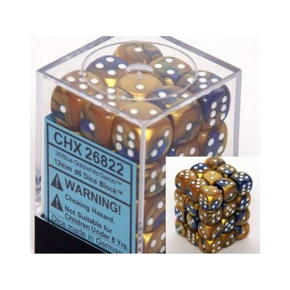 chessex gemini 12mm d6 blue-gold w/white dice block 36 dice