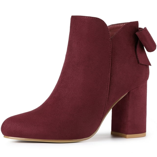 Unique Bargains Women's Round Toe Bow Decor Chunky Heel Ankle Boots