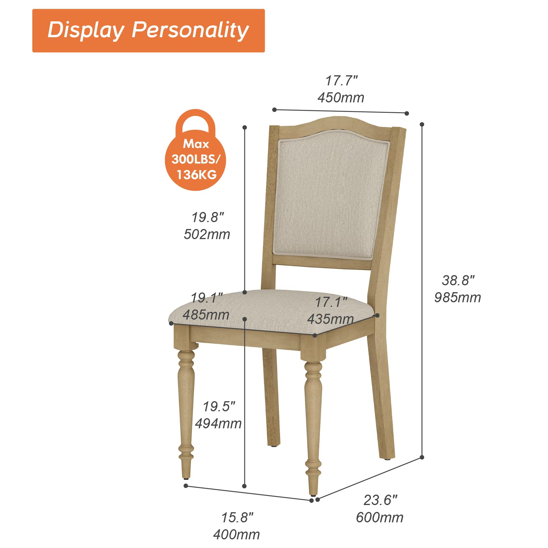 Set of 2 Dining Chairs with Upholstered Back & Seat, Farmhouse Kitchen Chair with Solid Wood Legs for Dining Room, Oak
