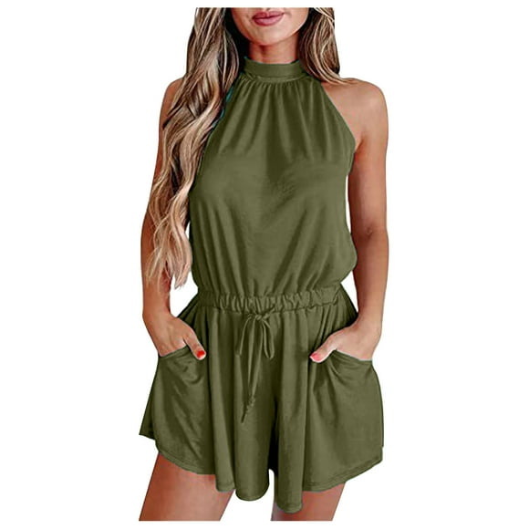 Timegard Womens Rompers Summer Casual Loose Comfy Sleeveless Drawstring Short Jumpsuits Beach Vacation