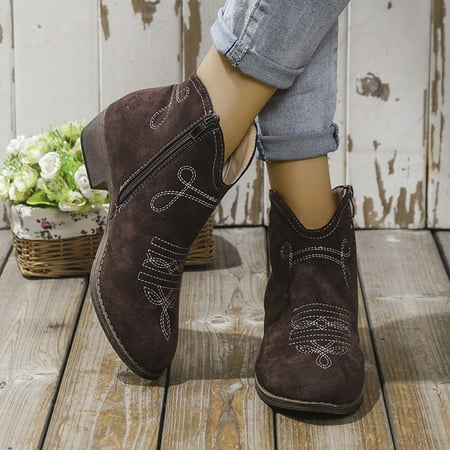 

Fesfesfes Boots for Teen Girls Low Heel Ankle Boots Round Large Size Embroidery Short Boots V-mouth Shoes 7.5(40)