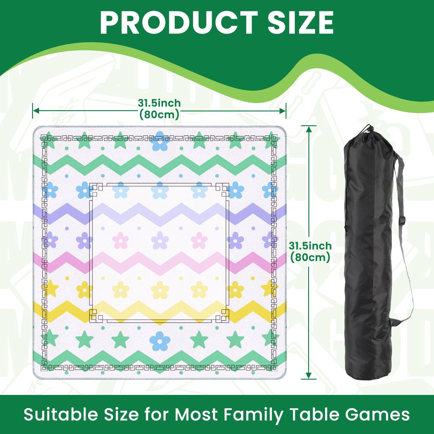 Mahjong Mat 31.5" x 31.5" Pastel Zigzag Stars Flowers Soft Colors Non-Slip Noise Reduction American Mahjong Tiles Table Cover for Dominoes Poker Card Board Games Gift