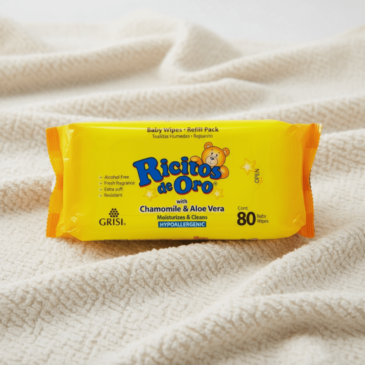 Ricitos de Oro Baby Wipes, Chamomile and Aloe Vera Refillable Baby Wipes, Moisturize and Clean, 1 Resealable Pack (80 Total Wipes)