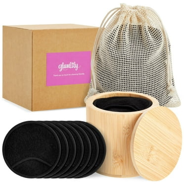 16 Pack Reusable Cotton Rounds for Makeup Removal with Bamboo Holder and Mesh Storage Bag (Black)