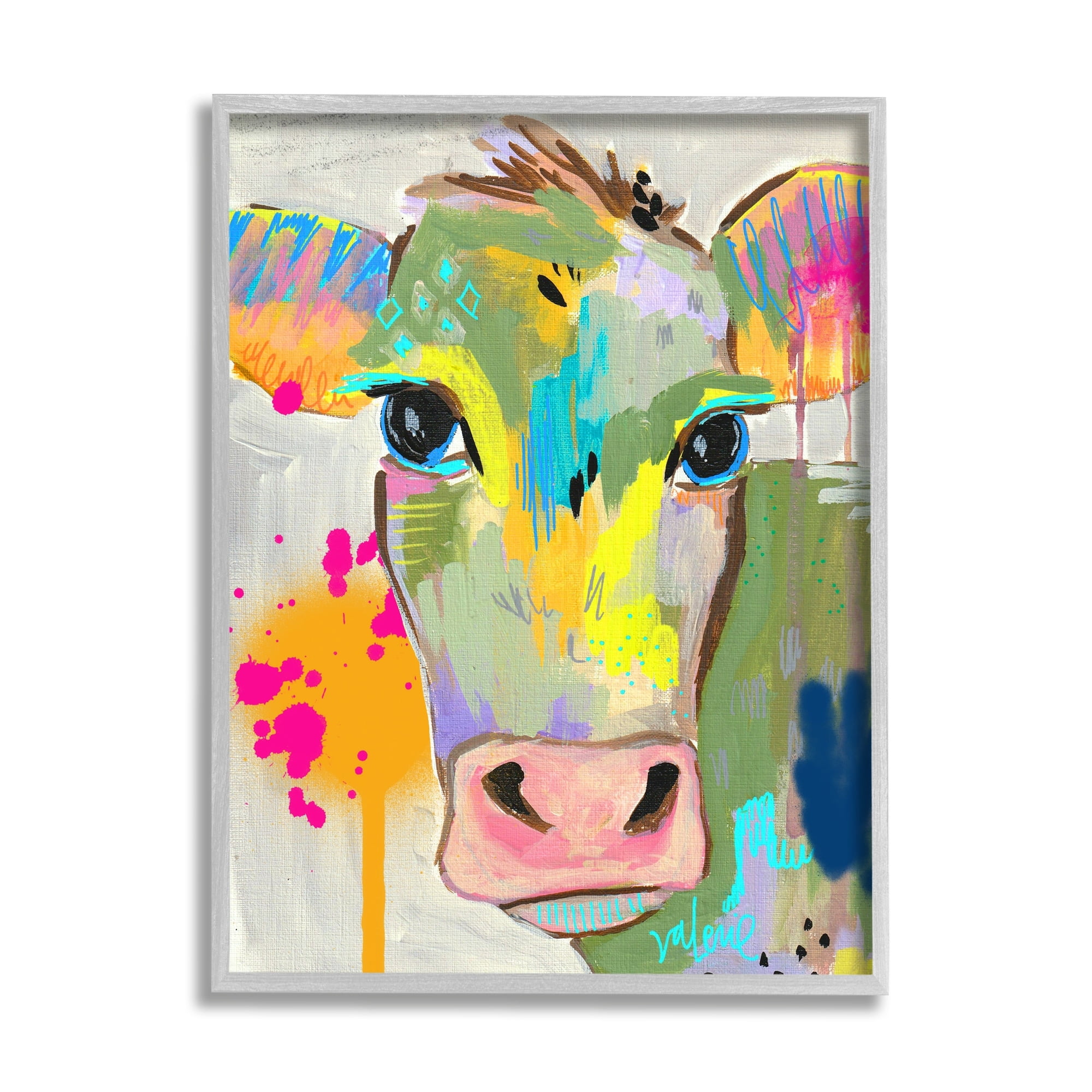 Modern Paint Splatter Cow Cattle Vivid Design Animals & Insects Painting Framed Art Print Wall Art