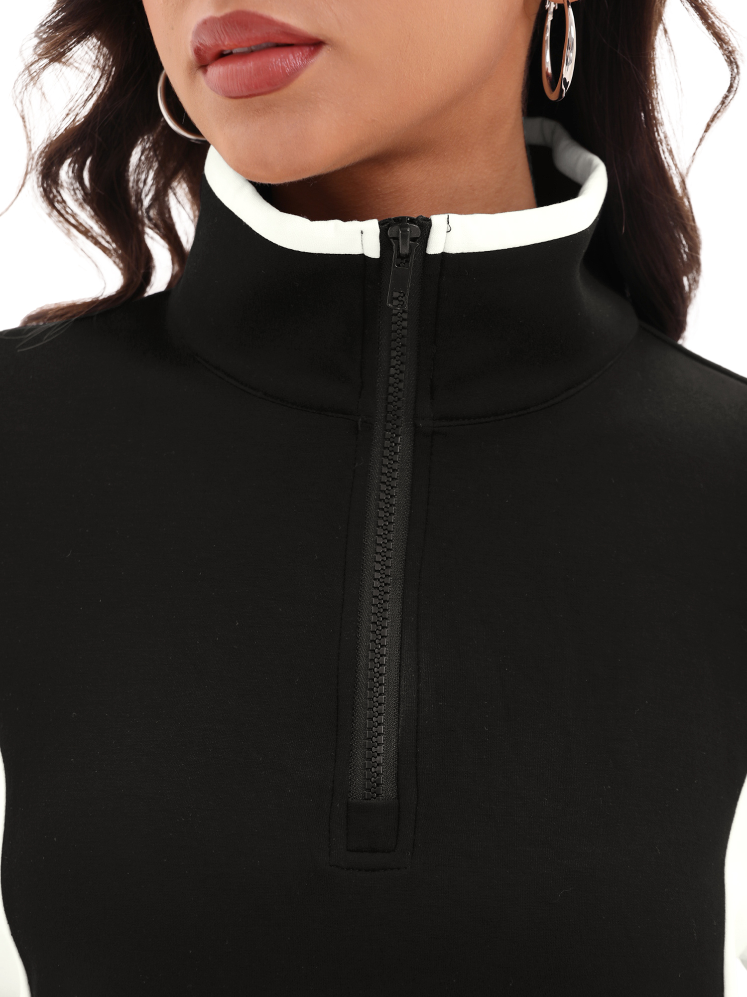 DARING DIVA Women's Quarter Zip Pullover Cropped Sweatshirt S Black White