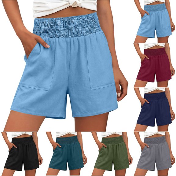 Smsaxvxz Womens Summer Shorts Fashion Casual Solid Stretchy Waist Shorts with Pockets Blue 2XL
