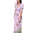 thumbnail image 4 of ITFABS Robe Longue Femme, Imprimé Floral Col en V Manches Courtes Bouffantes une-Pièce, 4 of 10