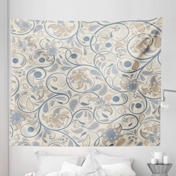 Vintage Tapestry, Oriental Scroll with Swirling Leaves with Eastern Design Inspirations, Fabric Wall Hanging Decor for Bedroom Living Room Dorm, 5 Sizes, Slate Blue Beige Tan, by Ambesonne