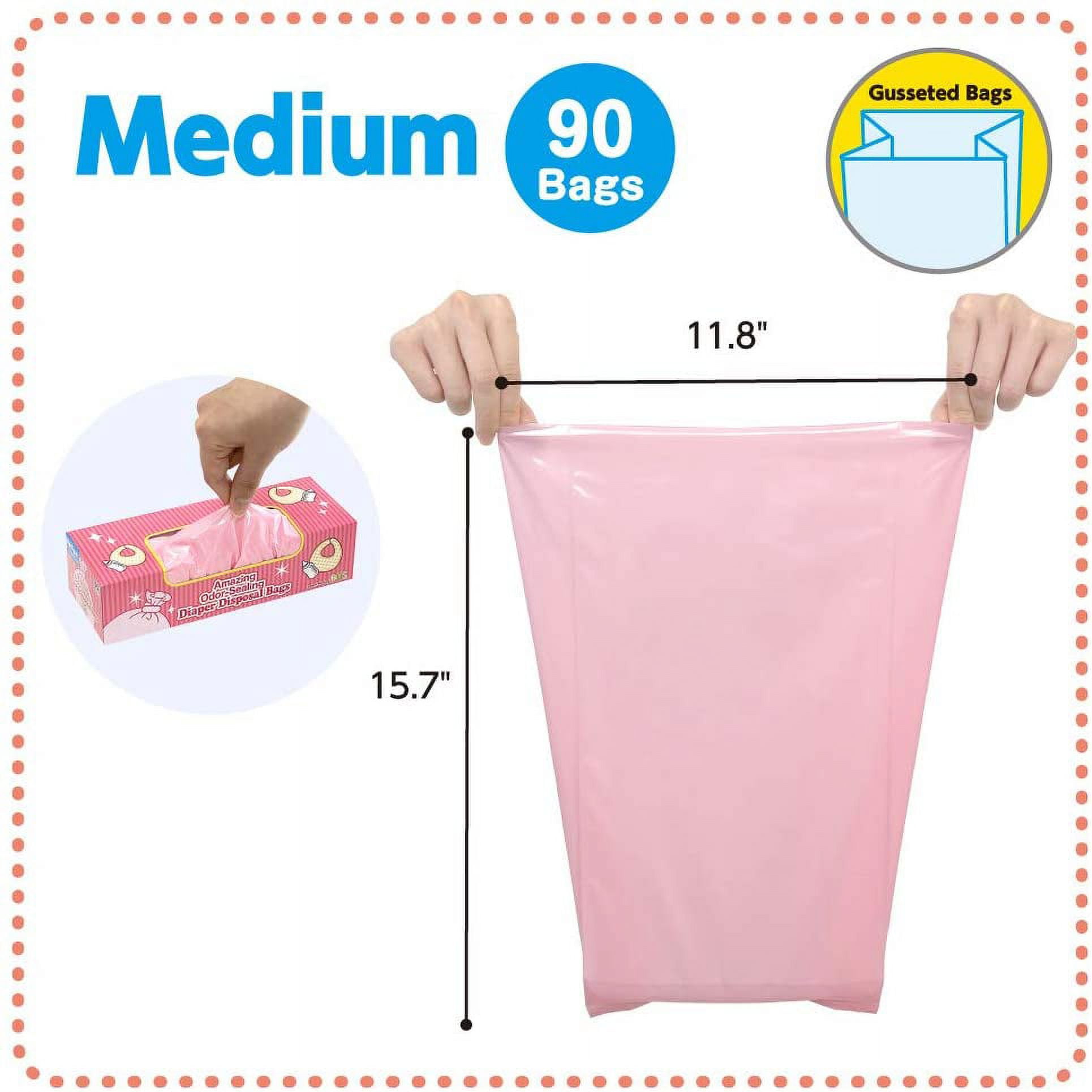BOS Amazing Odor Sealing Baby Diaper Disposal Bags -Durable and Unscented  (90Bags) [Size:M, Color:Pink] New BABY Packaging! 