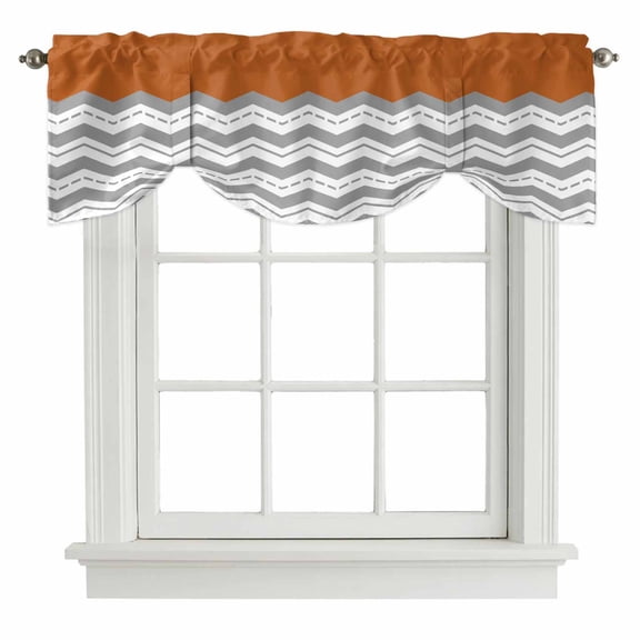 Tie Up Valances for Windows, Grey Chevron Adjustable Valance Curtains Window Treatment for Living Room, Geometric Orange Print Wavy Striped White Rod Pocket Kitchen Curtains & Drapes 54x18 Inch