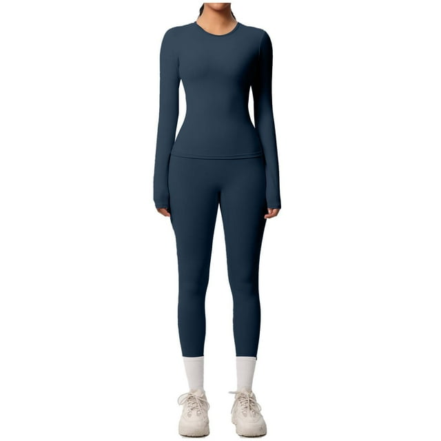 Ensemble de Yoga pour Femmes, Mode Décontractée Couleur Unie Manches Longues Col Rond Ajusté, Pantalons pour Femmes