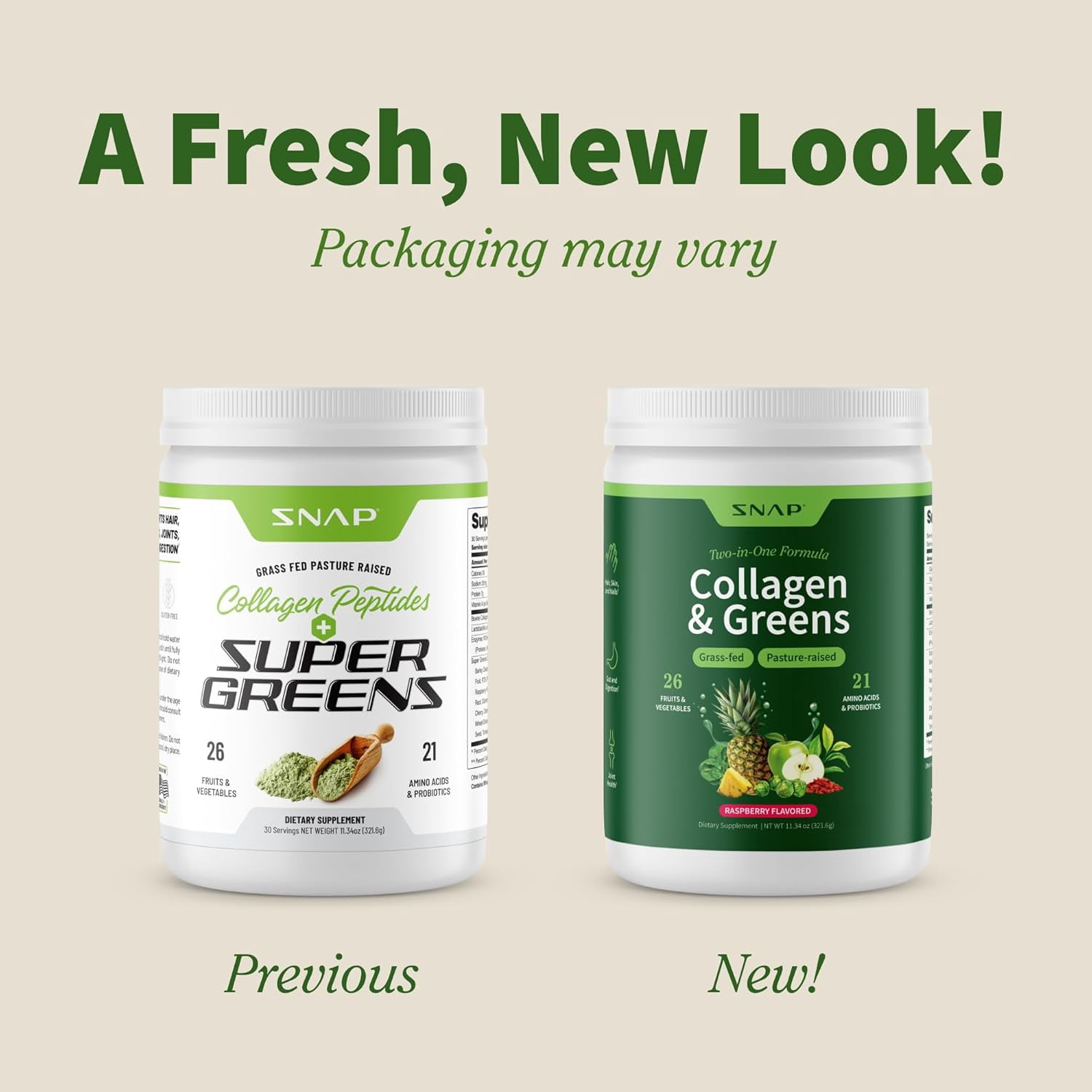 Snap Supplements Collagen Peptides with Super Greens, Digestive Enzymes, Probiotics, Turmeric - 30 Servings