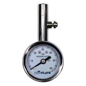 Tru Flate Tire Pressure Gauge 17-567 Mini Dial Style With Pressure Release Button; Analog Display; 5-60 Pounds Per Square Inch PSI; White Face/Chrome Plated Bezel; With Leather Pouch; Carded Packaging