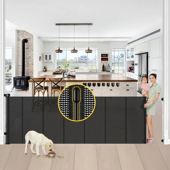Reinforced 42” Tall x 100” Extra Wide Retractable Baby Gates for Doorways Extra Tall Pet Gate with Rods to Prevent Crawling Through, Dog Gate for Large Openings Extra Long Mesh Gate, Black