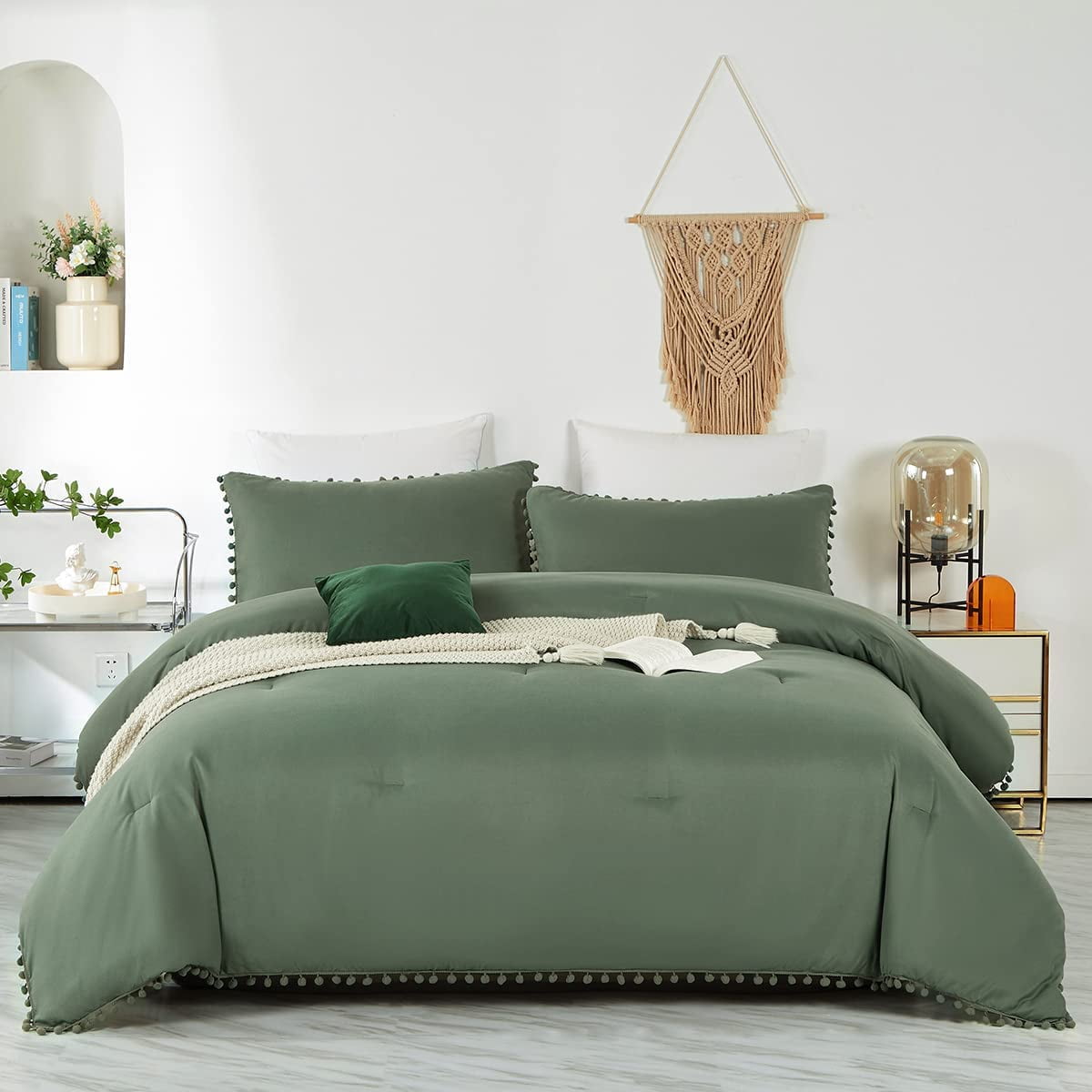 Sage Green Pom Pom Fringe Comforter Boho Ball Pom Comforter