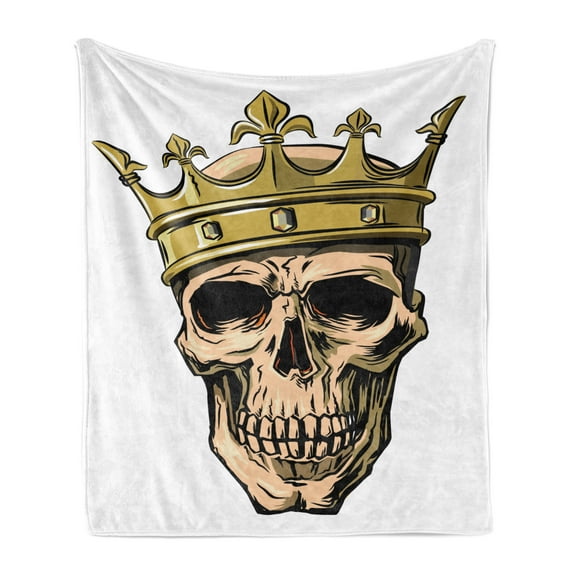 King Soft Flannel Fleece Blanket, Dead Skull Skeleton Head with Royal Crown Tiara in Hand Drawn Style on White Backdrop, Cozy Plush for Indoor and Outdoor Use, 70" x 90", Multicolor, by Ambesonne