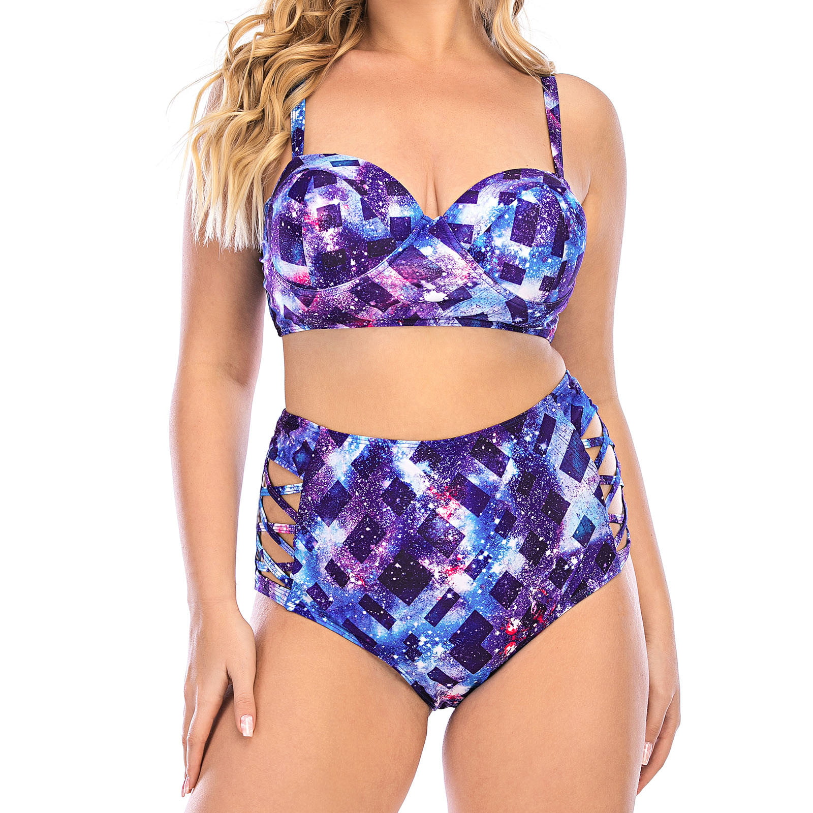 ZQGJB Plus Size Swimsuit for Women Galaxy Print High Waist Tummy Control  Bikini Set Two-Piece Swimwear with Bandage Swim Bottoms Bathing Suits Purple,4XL  