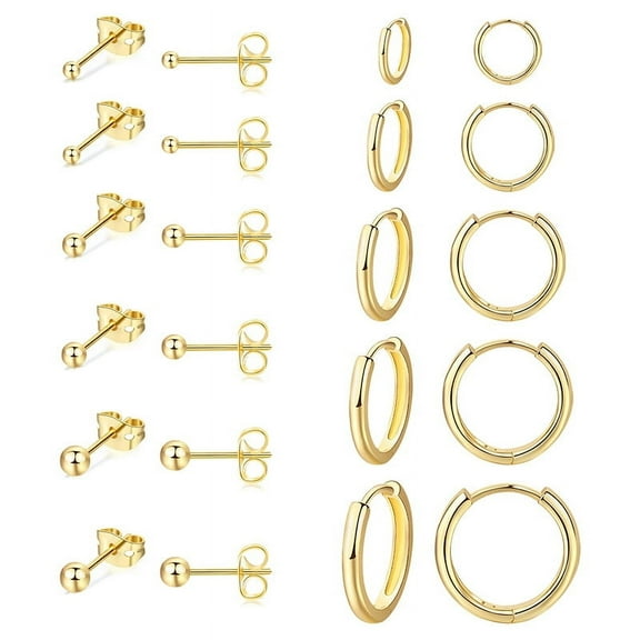 Nmkwnr 11 Pairs 316L Stainless Steel Ball Stud Earrings Lightweight 14K Gold Plated Hoop Earring for Men Women
