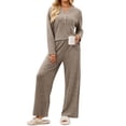 thumbnail image 2 of Usloyux Women's 2 Piece Lounge Set V Neck Long Sleeve Pullover Top and Wide Leg Pants Matching Tracksuit Outfits with Solid Casual Style, Khaki S, 2 of 8