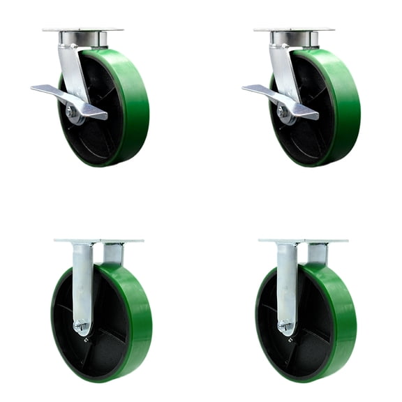 8 Inch Kingpinless Green Poly on Steel Wheel Caster Set 2 Swivel Locks 2 Rigid