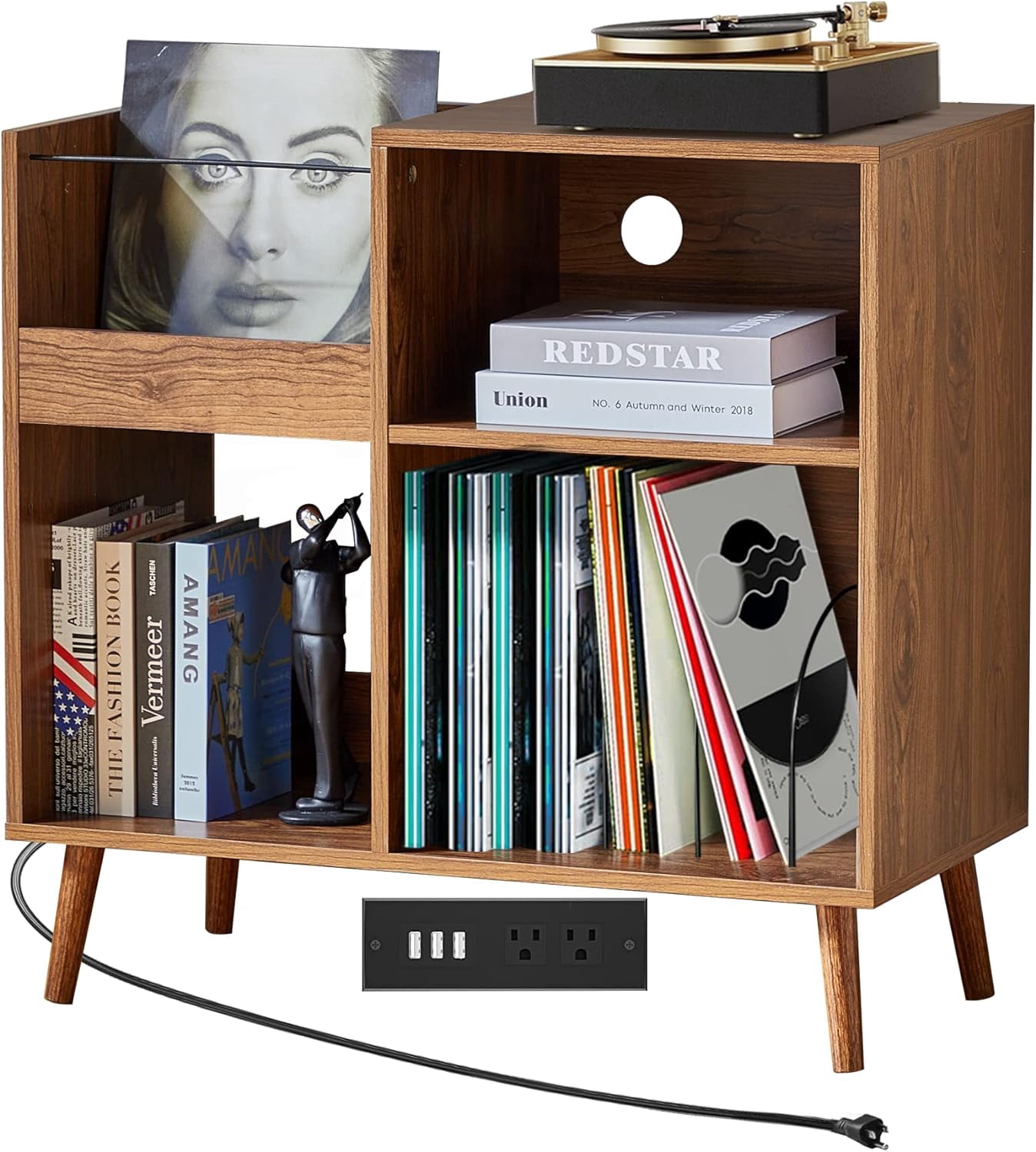 Weselon Record Storage Cabinet with Power Outlet,Record Player Stand,Record Player Table Holds up to 250 Albums,Turntable Stand Display Shelf with Wood Legs for Living Room Bedroom,Walnut Brown