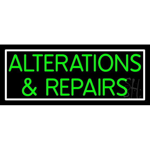 Green Alterations And Repairs LED Neon Sign 13" Tall x 32" Wide - inches, Black Square Cut Acrylic Backing, with Dimmer - Bright and Premium built indoor LED Neon Sign for Storefront.