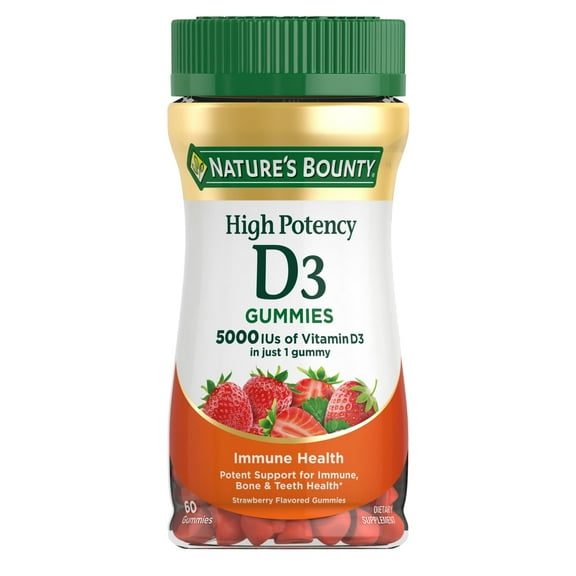 Nature's Bounty High Potency Vitamin D3, Immune Health Support Antioxidant Gummies with Vitamin D for Bone & Teeth Health, 60 Count