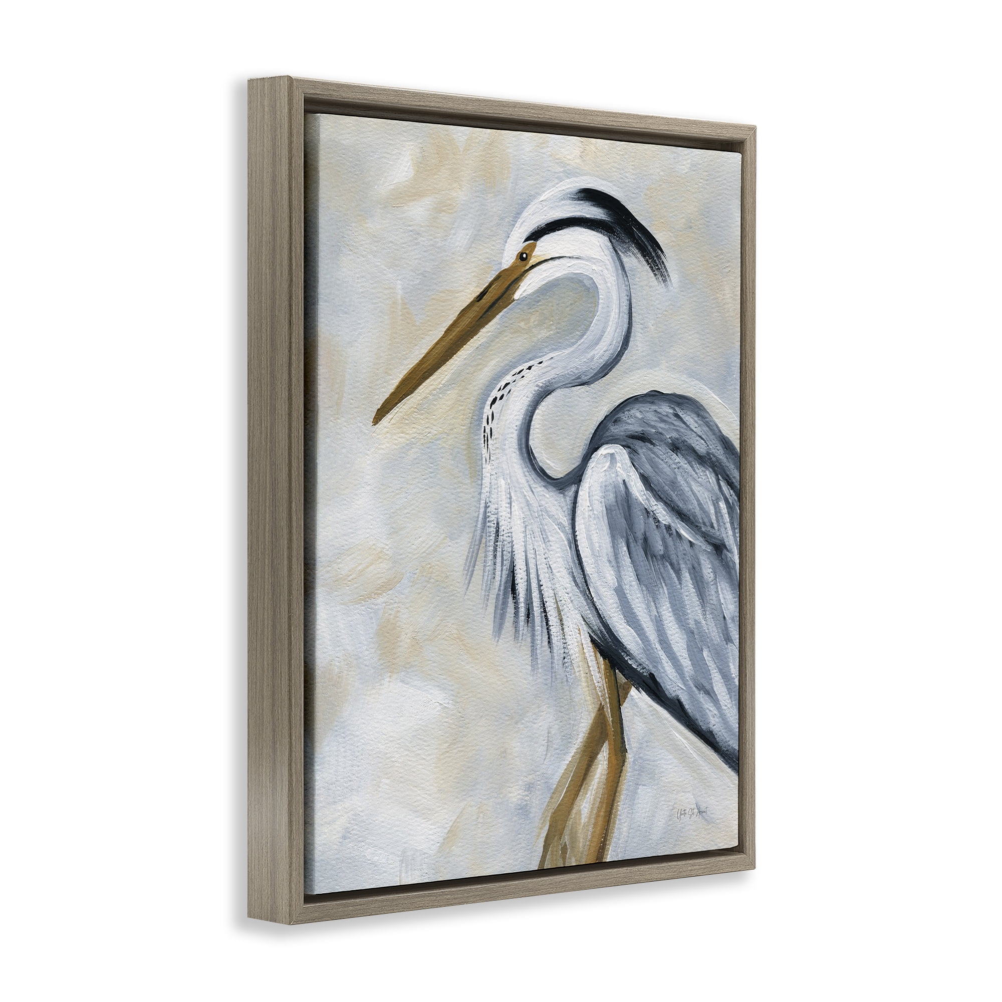 Stupell Industries Muted Blue Heron Animals & Insects Painting Brown Floater Framed Canvas Art Print Wall Art, 25 x 31