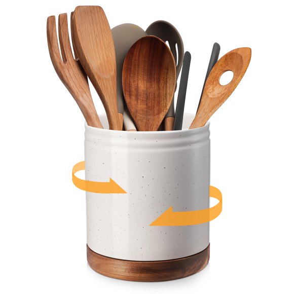 DOWAN Porte-Ustensiles Rotatif à 360° de 7,6 Pouces, Porte-Ustensiles de Cuisine pour Comptoir, Grand Porte-Ustensiles en Céramique pour Comptoir de Cuisine, Boîte en Liège de Protection