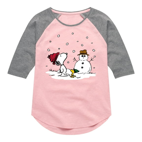 Peanuts - Snoopy Woodstock Snowman - Toddler & Youth Girls Raglan Graphic T-Shirt