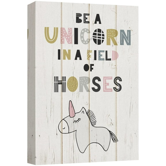 wall26 Canvas Print Wall Art Be A Unicorn in a Field of Horses Animals Science Fiction & Fantasy Digital Art Wood Panels Chic Kids Nature Wilderness for Living Room, Bedroom, Office - 16"x24