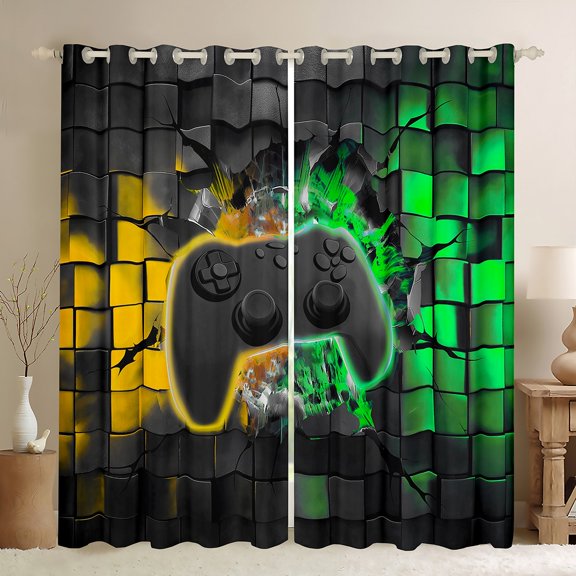 Manfei Kids Gamepad Controller Curtains Pack of 2 (42x84 Each),Console Video Game Curtains Blackout,Yellow Green Buffalo Bedroom Curtains For Boys,Luxury Bedroom Decor