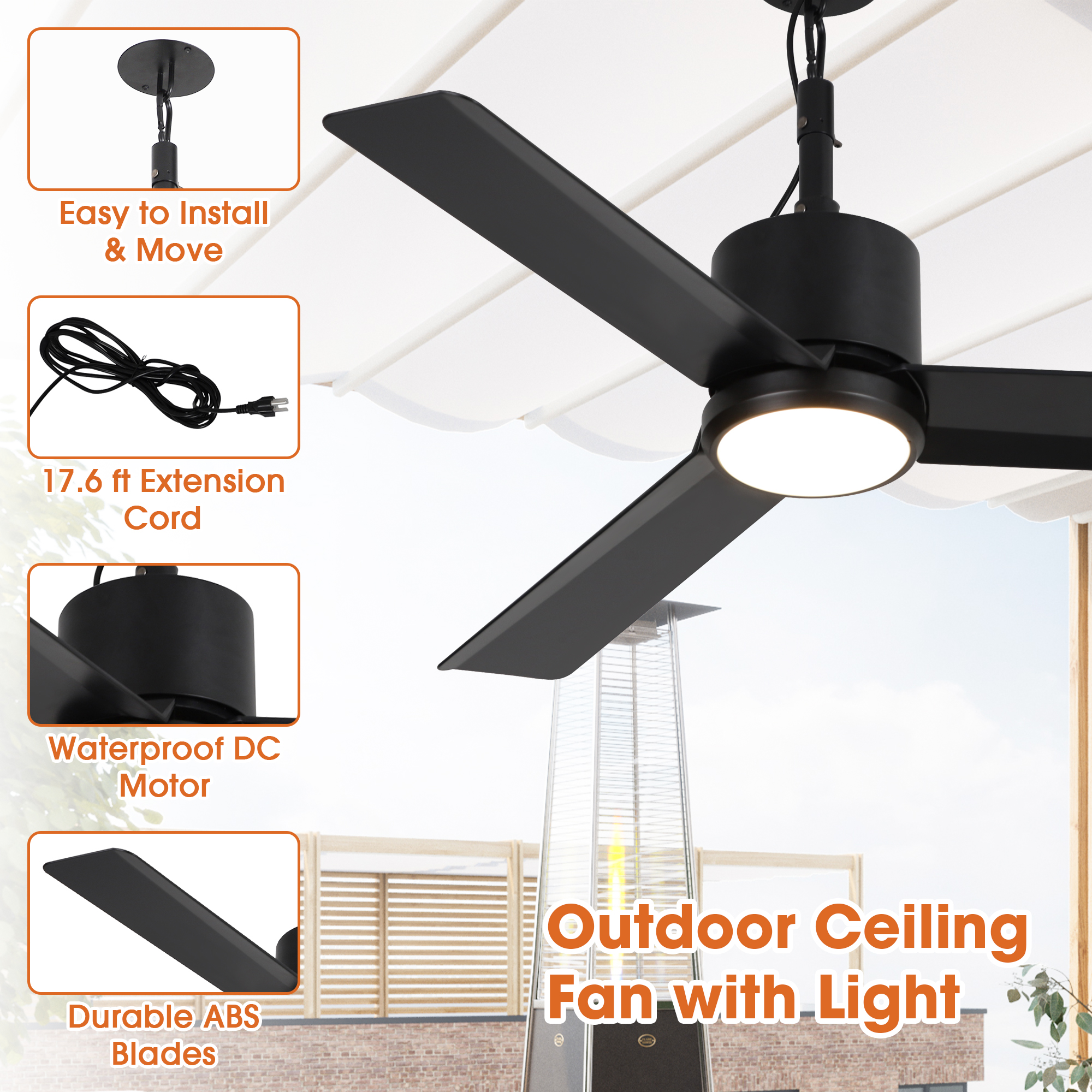Parrot Uncle 42" IP65 Waterproof Plug-in Outdoor Ceiling Fan with Light and Remote, Black Propeller Ceiling Fan for Patio