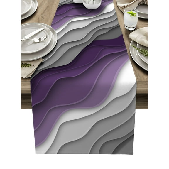 Table Runner Dresser Scarves 90 Inch Long, Modern Purple Grey Gradient Linen Dining Table Runners Abstract Geometric Ripple Art Tabletop Scarf for Wedding Holiday Party Kitchen